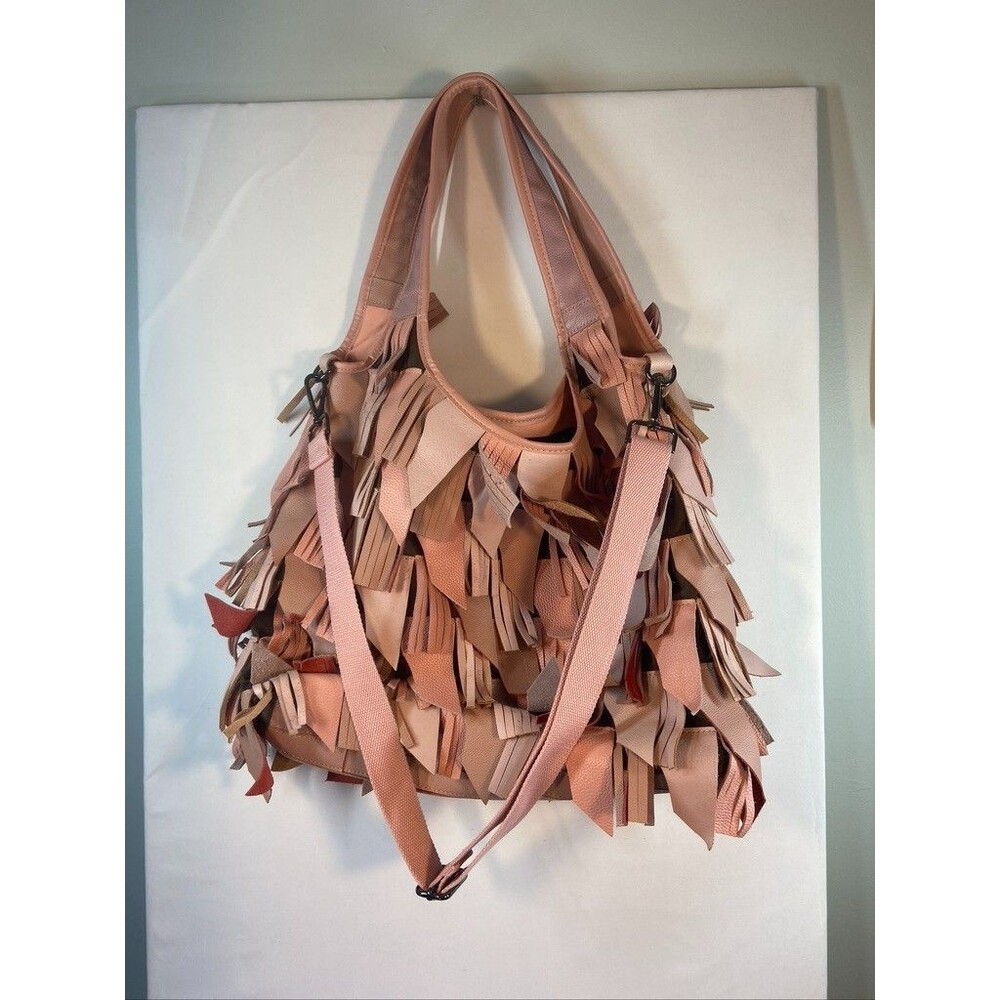 CHAOS PINK LEATHER FRINGE HOBO DOUBLE HANDLE SHOULDER BAG CROSSBODY PURSE